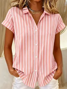 Fashion Stripe Short-Sleeve Shirt Plus Size Casual Collared Button Down Striped Blouse, Soft Breathable Fabric, Y2K Clothes Summer Daily Wear, Trendy Streetwear Tops, Comfortable Relaxed Fit Casual Blouses