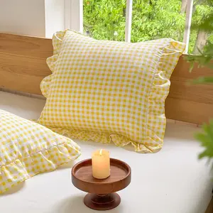 Yellow Ruffled Plaid Gingham Pillow Shams 20"x20", Set of 2 Taupe Checked Pre-Washed Microfiber Farmhouse Pillowcases for Bed/Sofa (20"x20", Yellow Gingham)