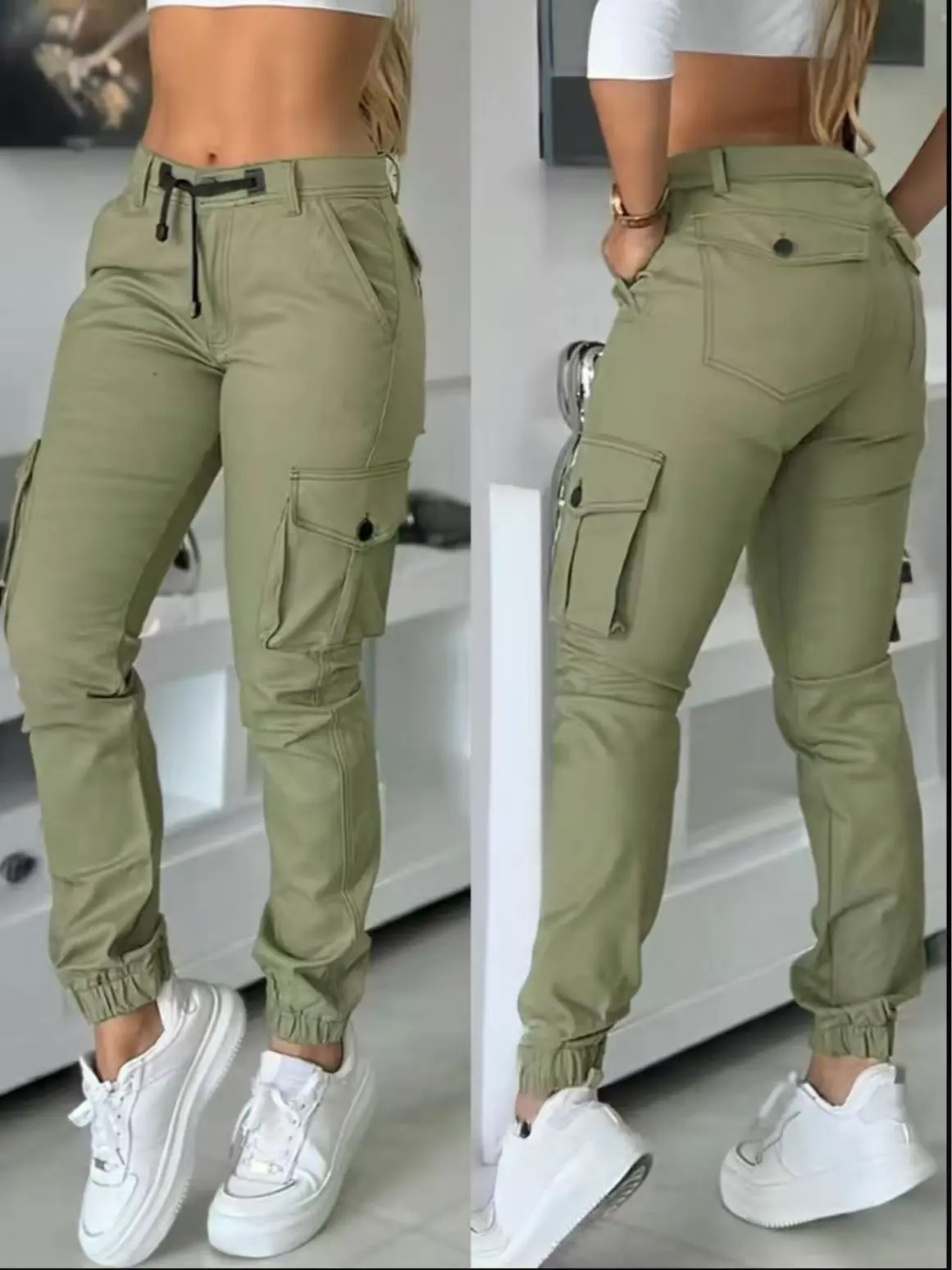 Women’s High-Waist Cargo Jogger Pants — tapered cargo pants with cuffs and pockets, drawstring elastic waistband, casual summer streetwear lightweight utility pants