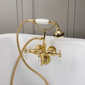 Clawfoot Tub Wall Mount Downspout Faucet with Handshower Polished Brass