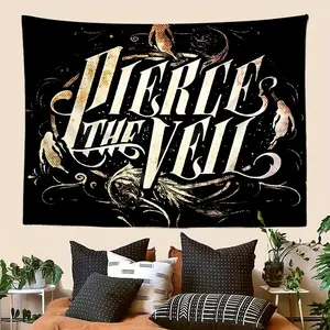 1pc "Pierce the Veil" Music Album Cover Art Tapestry - Polyester, Black with White & Golden Swirls, Bird Motifs - Ideal for Bedroom, Living Room, Dorm Decor - Perfect Gift for Music Lovers