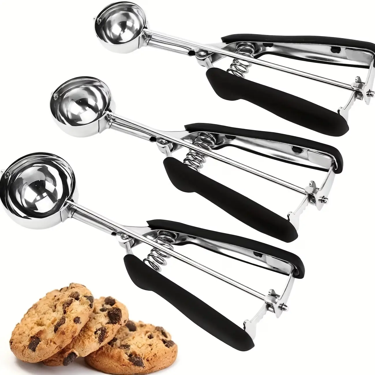 3pcs Stainless Steel Ice Cream Scoop, Cookie Scoop, Dough Scoop, Baking Stainless Steel Spoon with Trigger Release, Suitable for Cupcakes, Ice Cream, Muffins, Meatballs, Melon Balls