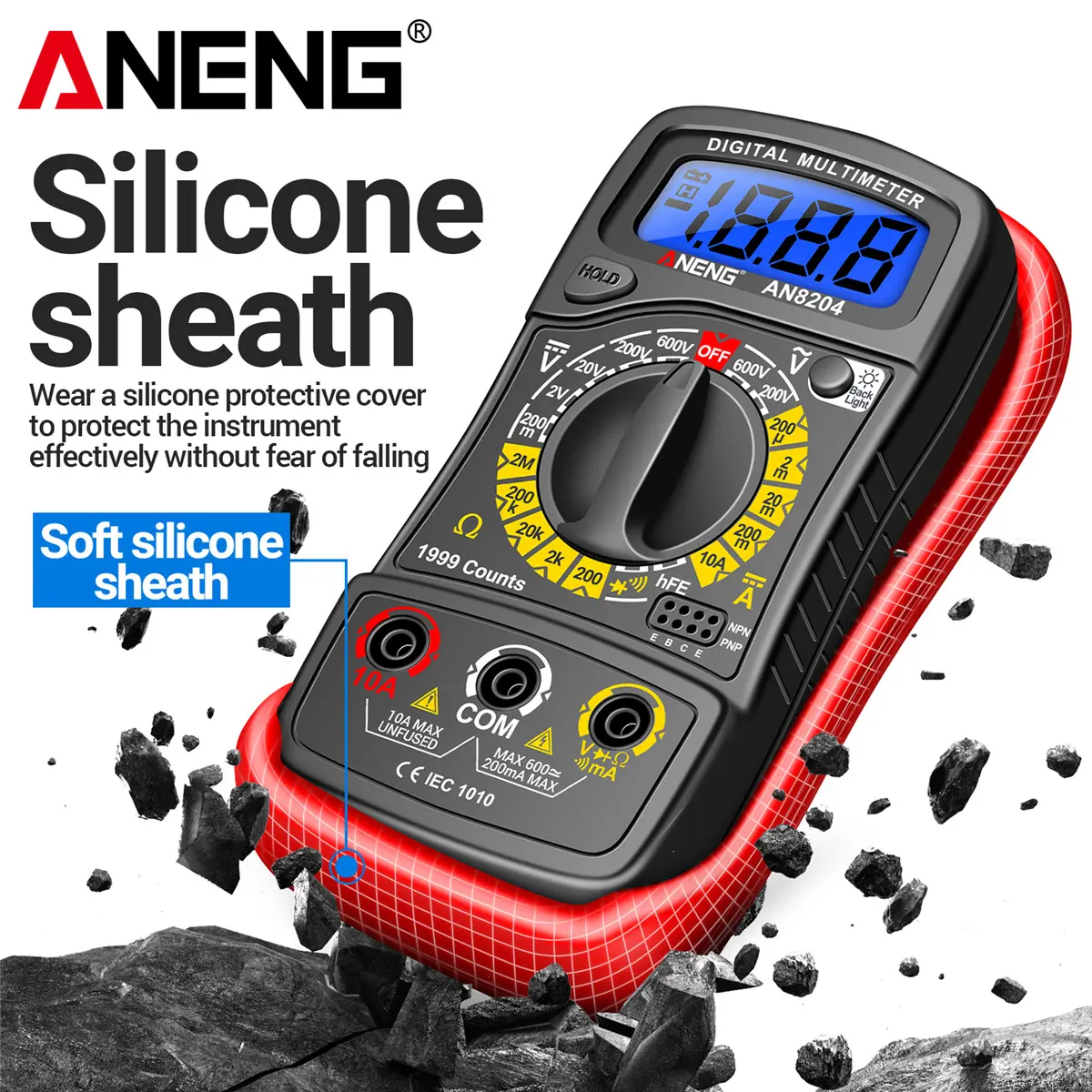 ANENG AN8204 Digital Multimeter - LCD Backlight Multi-Function Electrical Measuring Tool for Electricians, Measures AC/DC Voltage, DC Current, Resistance, Diode, Temperature