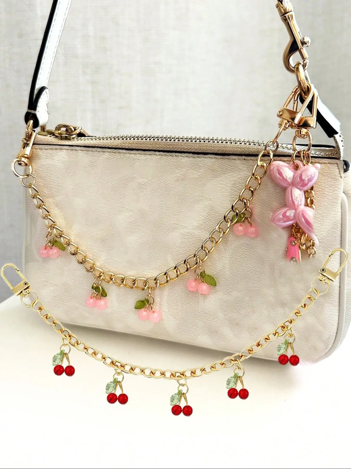 Multi-Color Cherry Bag Chain Extenders, Girly Purse Accessories, Bag Accessory, Gold Curb Chain Charms with Enamel Cherry Charms, Bag Decoration Keychain, Girly Bag Pendant for Tote & Handbag, Available in Red/Pink, Ideal for Girls & Fruit Lovers