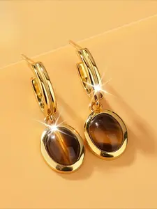 1 Pair of Bohemian Style Resin Imitation Tiger Eye Stone Earrings, Retro Gold for Girls, Wearing Earrings for Daily Parties, Fashionable Earrings