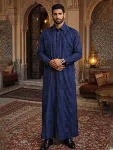 Arabic Islamic Muslim Traditional Robe, Thobe, Authentic Saudi Thobe, Deep Blue Long Gown with Stripe Embroidery, Fitted Design, Pockets, All Seasons Wear
