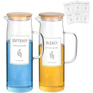 Laundry Detergent Dispenser Set with Bamboo Lids and Handles - Easy Pour 2 Pack 50 oz Liquid Laundry Containers for Laundry Room Organization and Storage