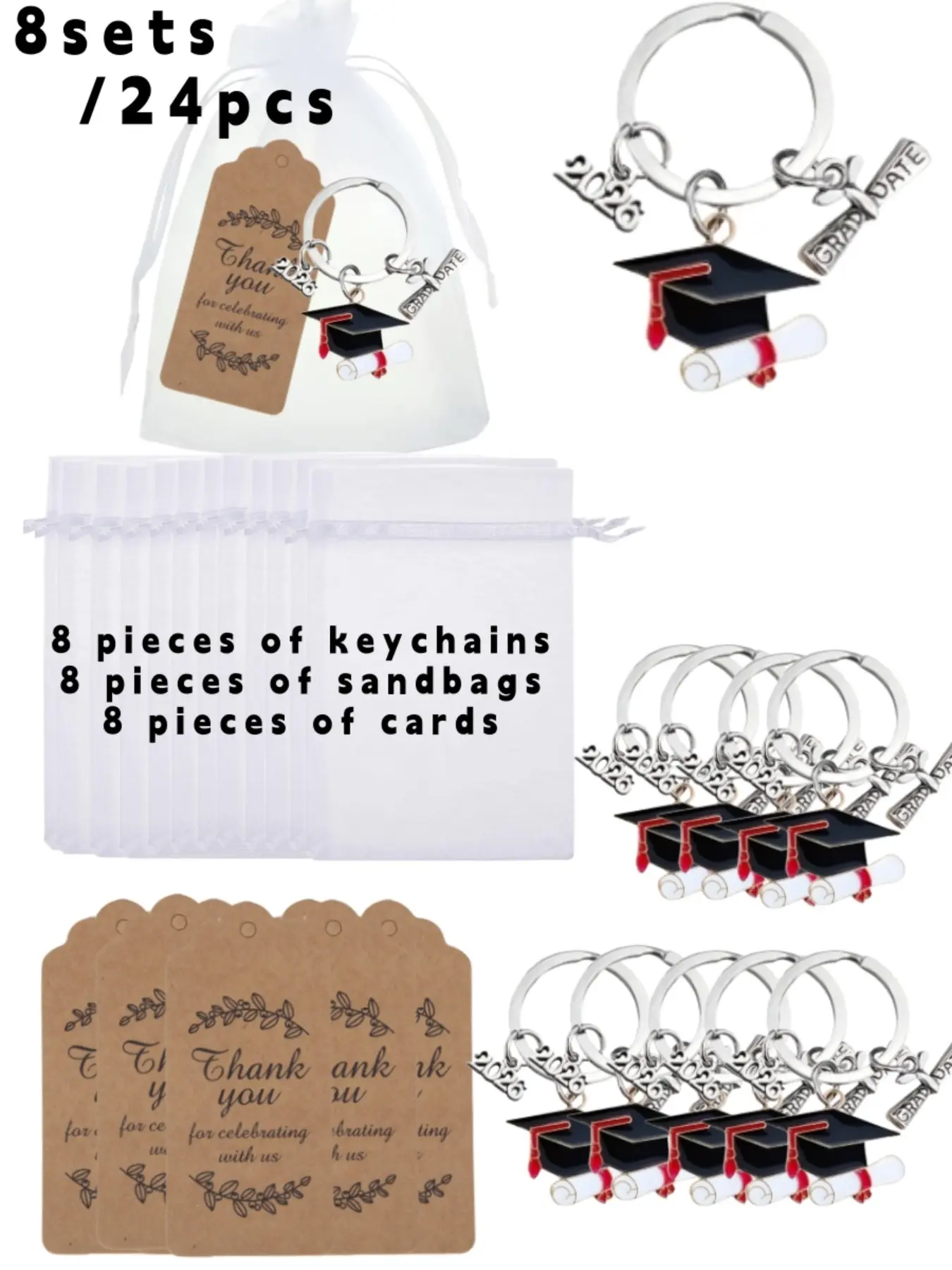 Gift for Her/Him 8 Sets, 2026 Graduation Keychain Set, Cute Keychain, Cute Keychains For Car Keys, Graduation Theme, Including 8 Graduation Keychains, 8 Thank You Tags And 8 White Tulle Bags, Graduation Gift for High School, University