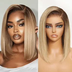 Sunber Blonde with Brown Roots Side Part Blunt Short Bob Wigs 7x5 Glueless Human Hair Wigs Straight Shoulder length Pre Cut Lace Invisible Knots Front Wigs Put on and Go