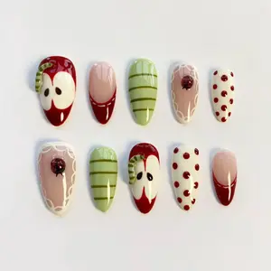 APPLE GARDEN | 3D Caterpillar & Apple Press On Nails | Ladybug & Polka Dot Fake Nails | Whimsical Kidcore Aesthetic | Custom Handmade Almond Set 2026