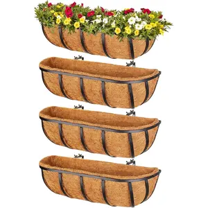 4 Pack 16 Inch Window Box Deck Railing Planter with Coconut Liner, Balcony Rail Planters Horse Trough Window Planter Boxes, Metal Railing Hanging Flower Baskets for Outdoor Porch Fence Patio