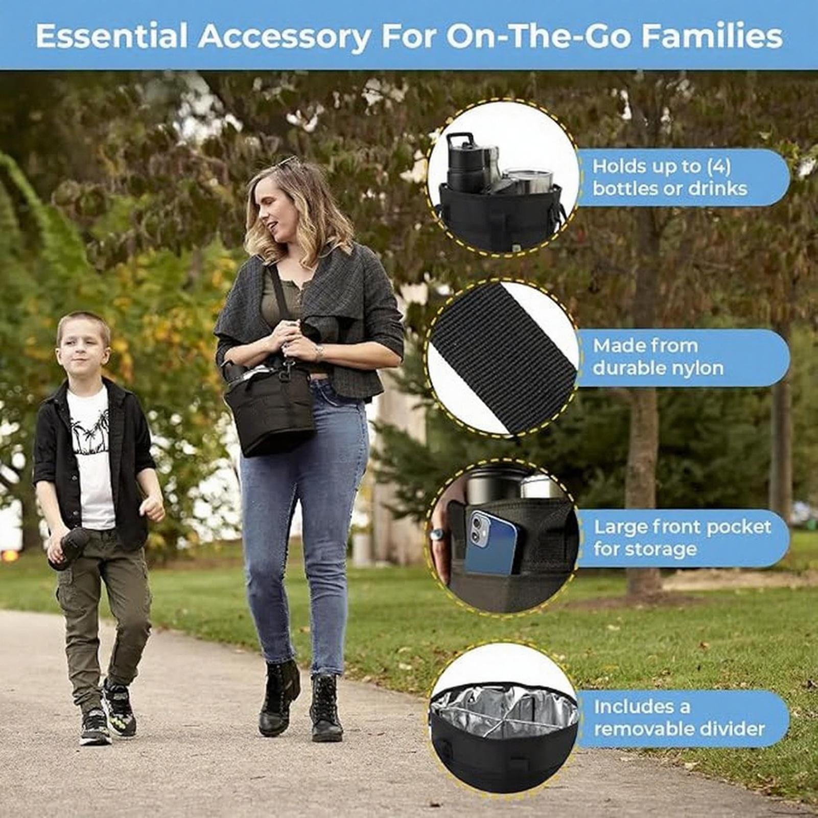 Family Size 4-Compartment Drink Bag with Adjustable Strap Waterproof Nylon Insulated Beverage Holder for Hiking Walking & Outdoor Activities - Organiser