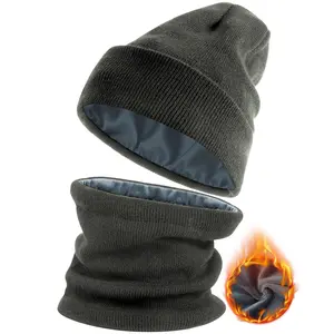 [Buy 1 Hat Get 1 Free Neck Gaiter] Viyawise Satin Lining Solid Color Beanie Hat for Men & Women - Ultra Soft, Stretchy Ribbed Knit, Foldable Design for Daily Use & Outdoor Activities Ear Cover Warm