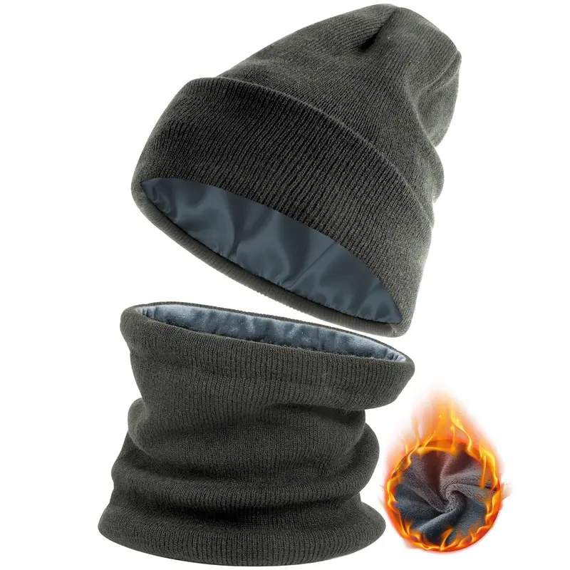 [Buy 1 Unisex Synthetic Acrylic Beanie Hat Get 1 Free Neck Gaiter] Viyawise Plush Satin-Lined Solid Color Hat - Adjustable, Ultra Soft, Stretchy Ribbed Knit, Foldable Cuff, Ear Cover, Cold Protection for Daily Wear & Outdoor Activities
