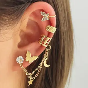 Gilded Fantasy Star-Moon Crystal Butterfly Ear Cuff Set - Trendy Gift for Modern Women