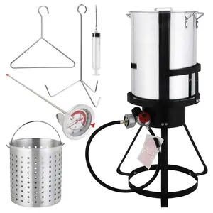 30QT Turkey Fryer with Boiler Steamer Set Basket & 55000BTU Propane Burner, Outdoor Deep Fryer & Seafood Crawfish Boil Pot with Thermometer, Marinade Injector, Turkey Rack & Rack Lifter