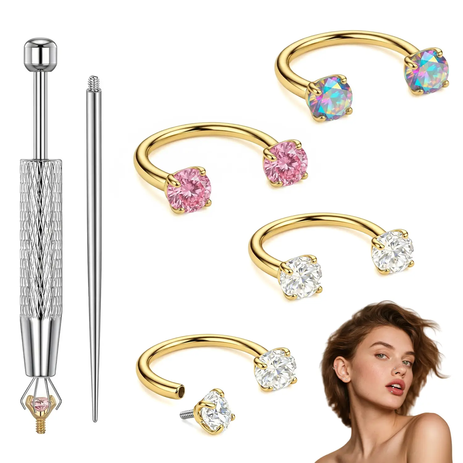 WCOLUE 18G Titanium Steel Nose Rings Set – Internally Threaded Horseshoe Hoop with Gems, Surgical Grade, Includes Insertion Tool, Helix/Daith/Tragus/Septum Piercing Jewelry for Women, backtoschool