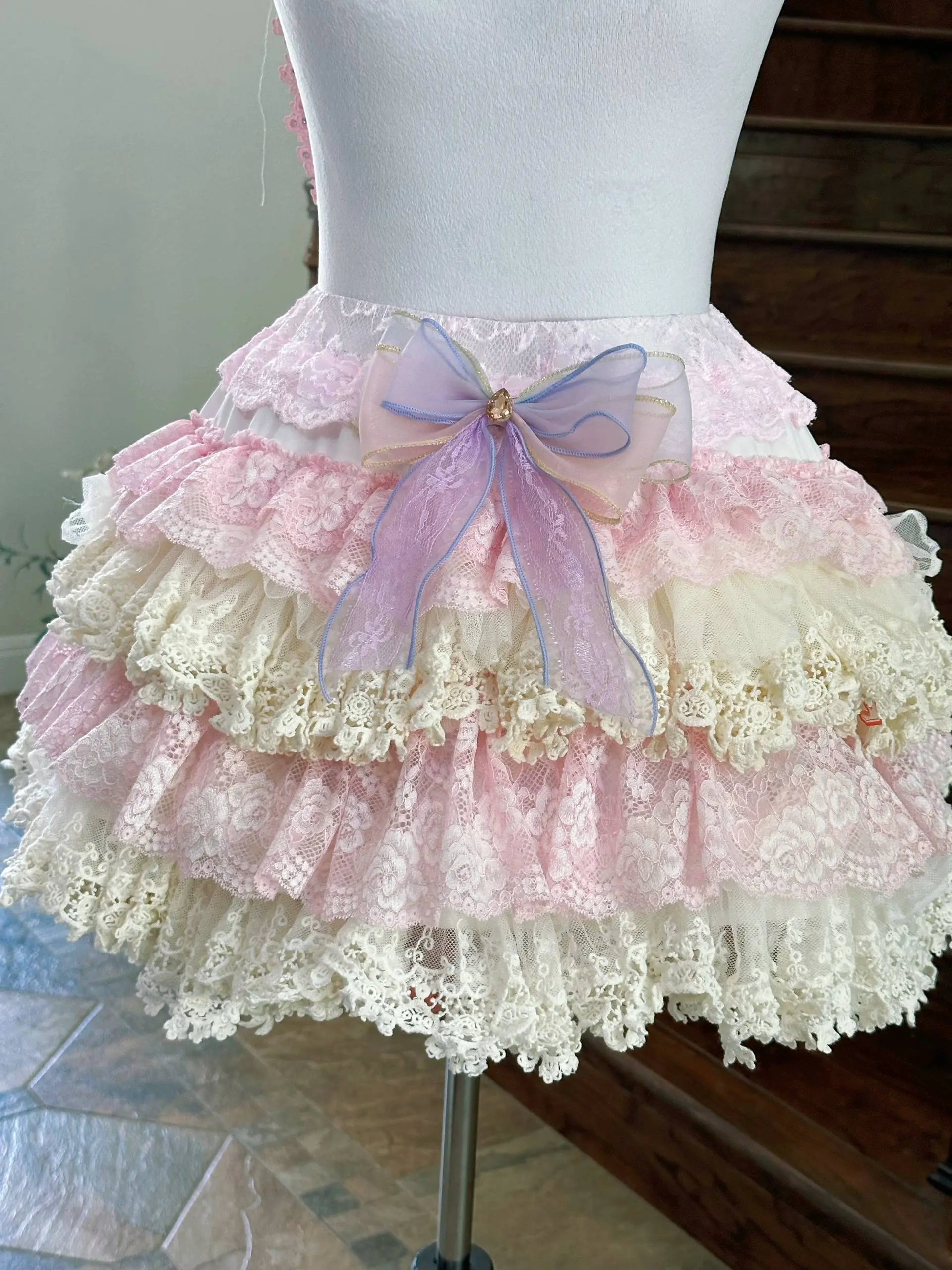 Handmade Sweet Lolita Pink Lace Skirt - Coquette Aesthetic Tiered Frilly Ruffle Petticoat