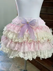 Handmade Sweet Lolita Pink Lace Skirt - Coquette Aesthetic Tiered Frilly Ruffle Petticoat