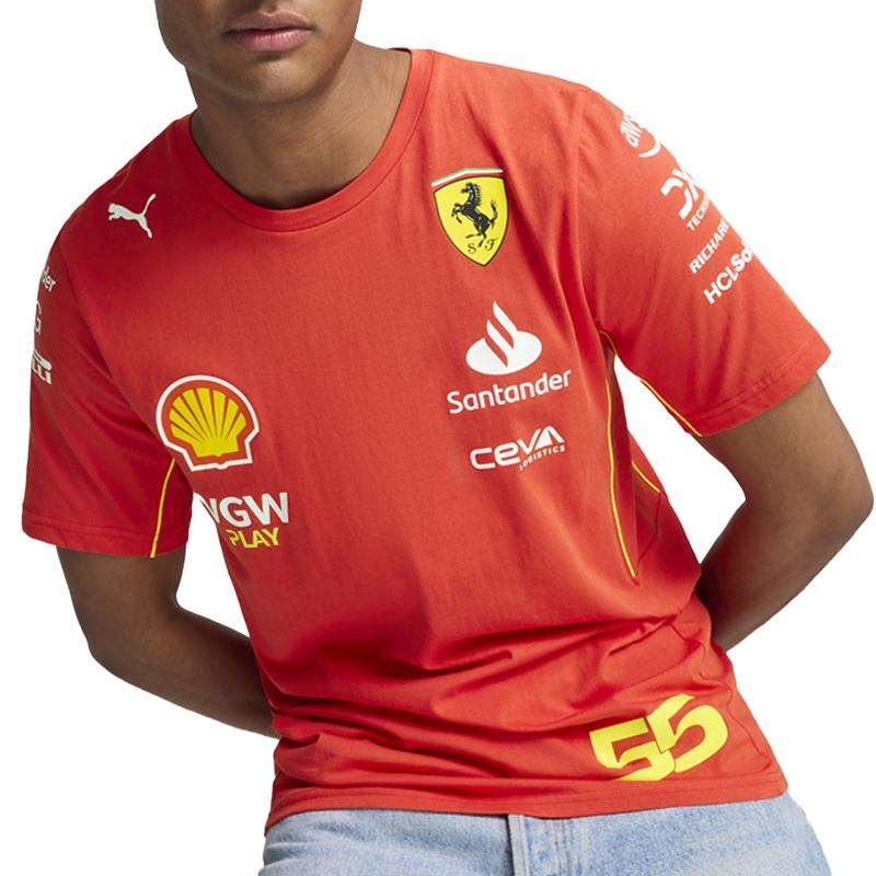 PUMA Mens Scuderia Ferrari Sainz Crew Neck Short Sleeve Athletic Casual Tops  - Red