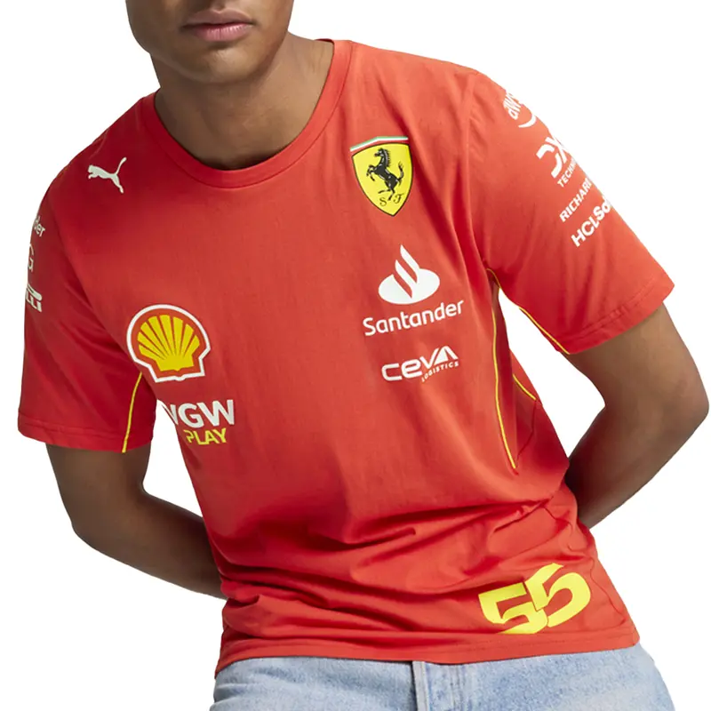 PUMA Mens Scuderia Ferrari Sainz Crew Neck Short Sleeve Athletic Casual Tops  - Red