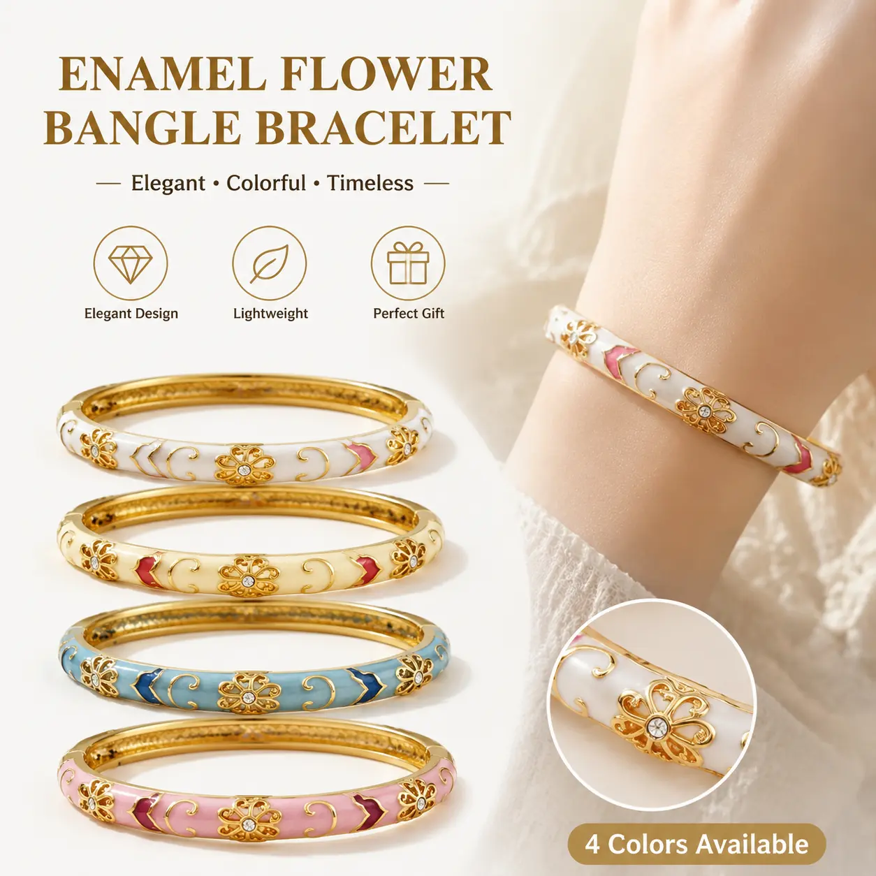 Vintage Floral Enamel Bangle, Gold-Tone Cubic Zirconia Bracelet, Elegant Sparkling Delicate Accessory for Women & Girls, Ideal for Daily Wear, Casual Outfit, Party, Holiday & All-Season Birthday Gift for Her - MM2