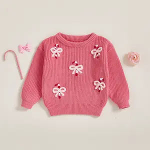 Toddler Baby Girls Christmas Sweater Bow Candy Cane Embroidery Infant Pullover Knitwear Warm Clothes 6M-4Y