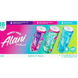 Alani Nu Caffeinated Energy Drink Variety Pack - Summer Edition, 12 fl. oz. Cans, 18-Pk. Beverage with Watermelon, Hawaiian Shaved Ice & Blue Slush Flavors
