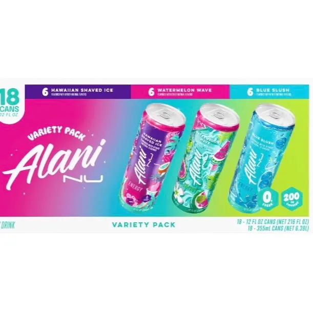 Alani Nu Caffeinated Energy Drink Variety Pack - Summer Edition, 12 fl. oz. Cans, 18-Pk. Beverage with Watermelon, Hawaiian Shaved Ice & Blue Slush Flavors