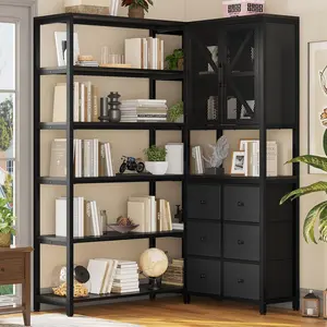 HAUOMS Corner Bookshelf, 6 Tier Industrial Convertible Bookshelf with 6 Fabric Drawers, Corner Bookcase Large L Shaped Storage Display Shelf for Home Office, Living Room, Kitchen