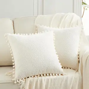 Set of 2 Cream White Textured Boucle Decorative Throw Pillow Covers 18x18 Inch with Pom Poms for Couch Sofa Bedroom, Aesthetic Modern Boho Home Decor, Soft Beige Cute Pillow Case 45x45 cm
