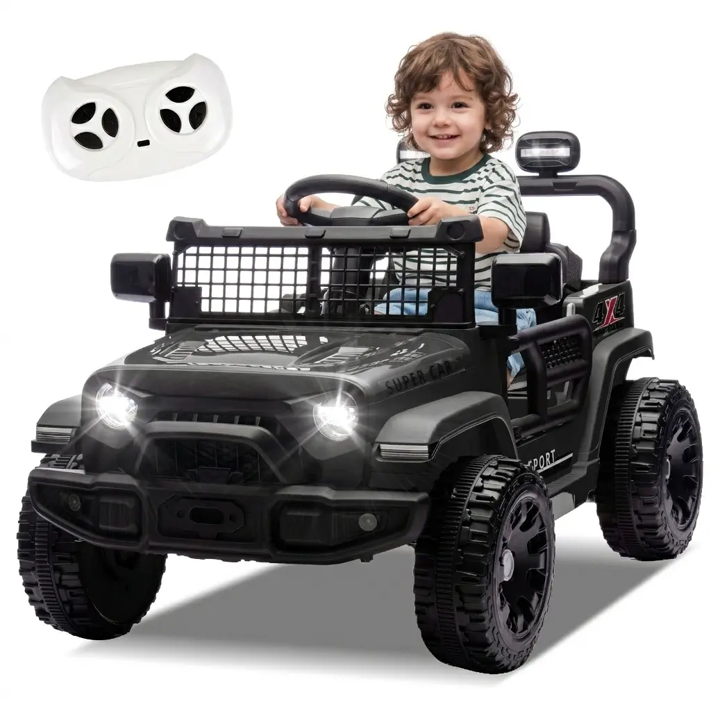24V Unisex 1-Seat Kids' Electric Ride-On Jeep Truck, Rechargeable Toddler Adventure Toy Car for 2-4 Yrs Old w/Parent Remote Control, 4-Wheel Suspension, Bluetooth MP3 Player, 1.86-3.11MPH Adjustable Speed, Black