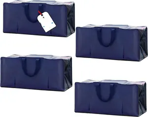 4 Pack Extra Heavy Duty Large Moving Bags with Strong Zipper & Comfortable Handles, Sturdy & Durable Clothes Storage Bags Totes Bins, Blue Packing Moving Boxes for College Supplies, Dark Blue