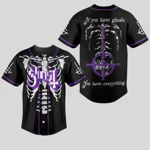 Ghost Band Baseball Jersey – Gothic Rock Metal Shirt with Skeleton & Cross Design – If You Have Ghosts You Have Everything Quote – Dark Alternative Streetwear Top for Fans & Concert Outfits