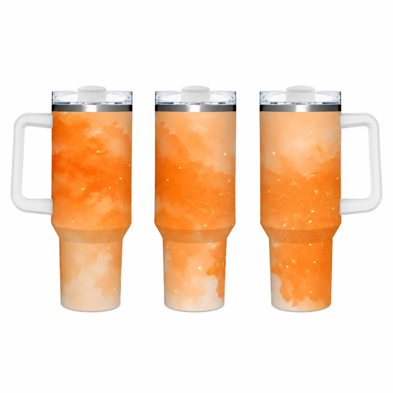 40oz Orange Cream Watercolor Glitter Swirl Gradient Insulated Tumbler With Handle, Neutral Sunset Aesthetic Sparkle Nebula Pattern Stainless Steel Travel Mug, Leak Proof Lid Double Wall Hot Cold Drink Cup