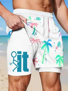 Men's 2-in-1 Funny Graphic Tropical Print Swim Shorts, Quick Dry Compression Liner, Drawstring Waist, Casual Summer Beach Board Shorts