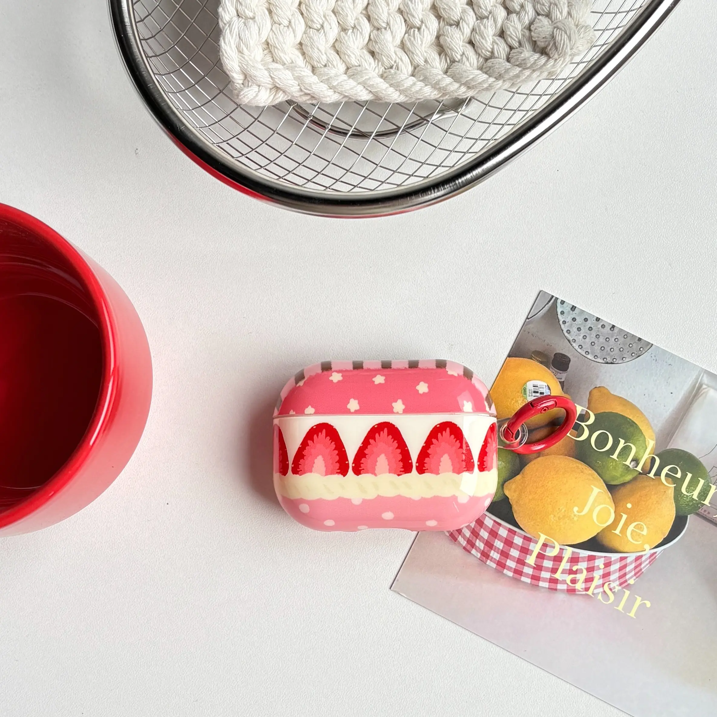 Unique Cream Strawberry Cake Striped Polka Dot Star Patterns Cover Case For AirPods 1 2 3 4 Pro Pro2 Pro3 with Red Ring Earphone Protective Cover