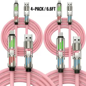 240W Super Fast Charging 4-in-1 Cable with RGB Breathing Light - Type-C & Lightning Multi Charger for iPhone 15/16, Android & Car Use