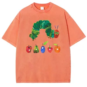 Crew Neck Streetwear T-Shirt — Retro Washed "The Very Hungry Caterpillar" Print, Unisex Fashion Tee