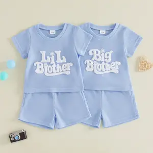 Babamoon Little Brother Big Brother Matching Outfits Letter Embroidered Waffle Short Sleeve Tops and Shorts 2Pcs Summer Clothes Set