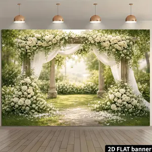 2D Flat Banner, 1pc Plane Featuring a White Tulle And White Rose Arch Backdrop, Combined with a Wooden And Stone Structure Adorned with Cascading White Tulle And Roses. The Scene Is Enhanced with a Stone Path An