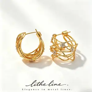 Litheline 24K Gold Plated Chunky Twisted Woven Hoop Earrings, Hand-Textured CZ Floral Fade-Resistant Festival Fashion Jewelry
