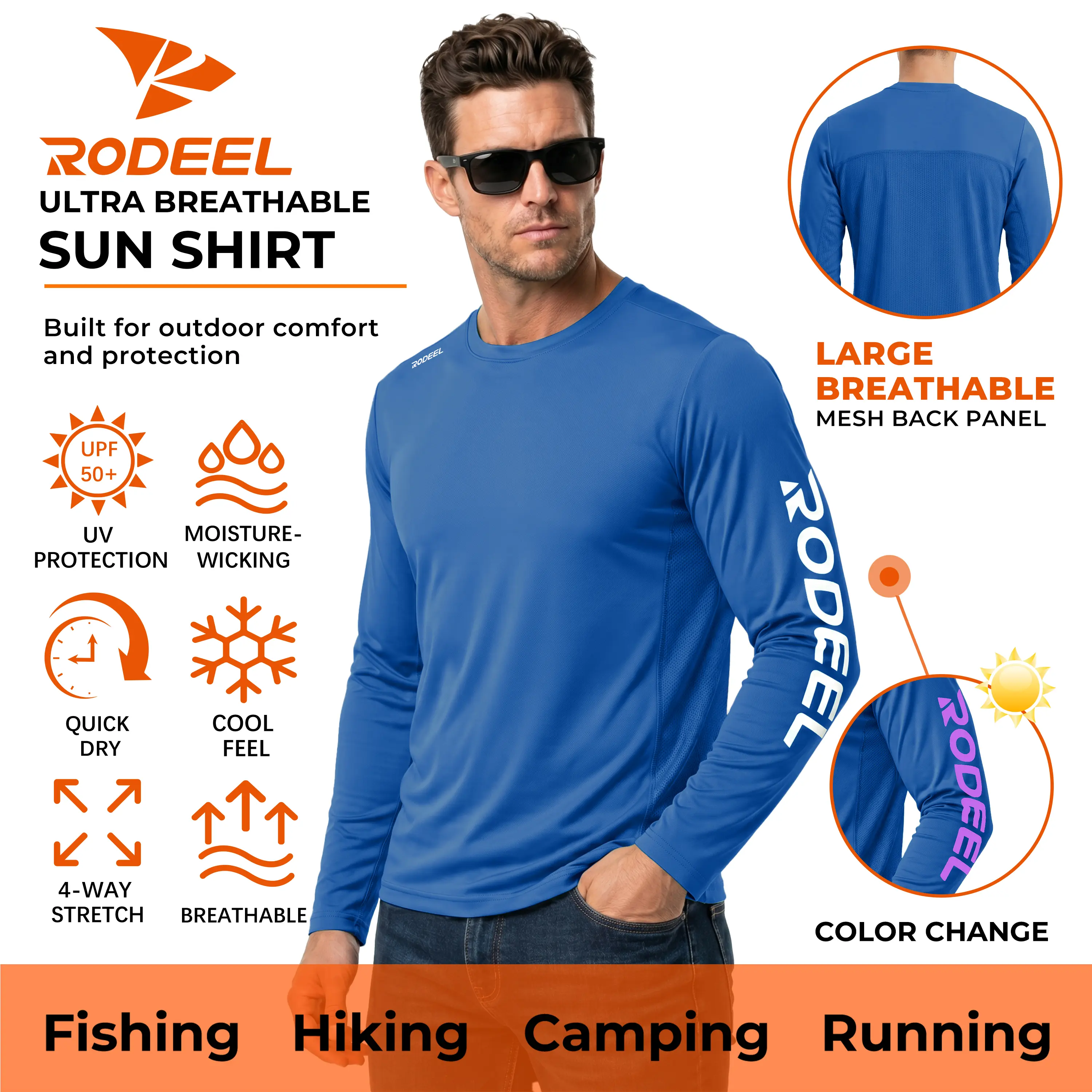 【RODEEL】961 Long Sleeve Sport Shirts Men UPF 50+ Sun UV Protection Lightweight Quick Dry Moisture Wicking Breathable Cooling Athletic Activewear for Outdoor Sport Gym Workout Hiking Camping Running Fishing Boating Landscaping SummerWins