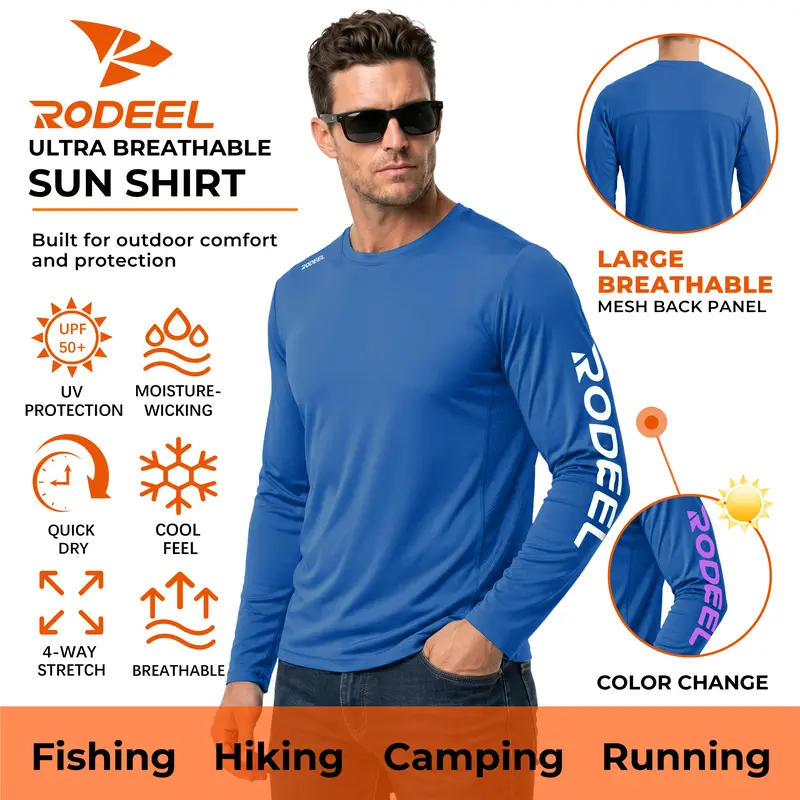 【RODEEL】961 Long Sleeve Sport Shirts Men UPF 50+ Sun UV Protection Lightweight Quick Dry Moisture Wicking Breathable Cooling Athletic Activewear for Outdoor Sport Gym Workout Hiking Camping Running Fishing Boating Landscaping SummerWins