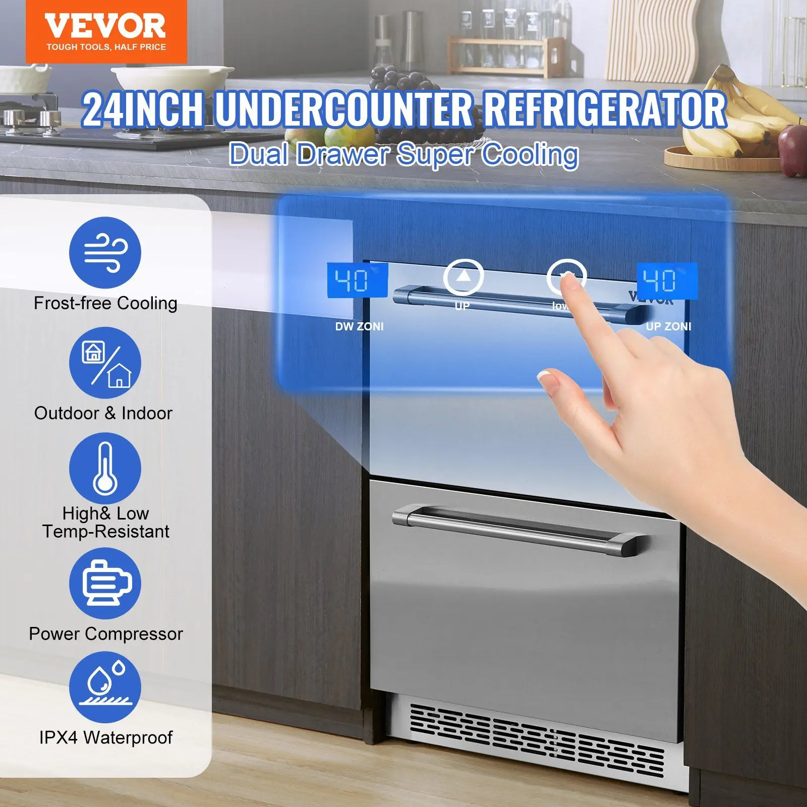Spring new arrivals 24" Undercounter Refrigerator, 2 Drawer Built-in Beverage Refrigerator with Touch Panel, 5.12 Cu.ft. Capacity, Waterproof Indoor and Outdoor Under Counter Fridge for Home and Commercial Use
