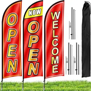 3 Sets Open  Flag Pole Kit, 9.2  Tall Grand Opening Flag, Sign Advertising Flag Banner, Now Open Theme  Flags with Ground Stake and Portable Bag for Outside Ground