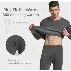 Men Winter Fleece Lined 100% Cotton Thermal Long Johns Top Bottom Underwear Set Clothes Fabric Menswear Breathable Day Layer Outdoor Soft Warmer Beige Crewneck Plain