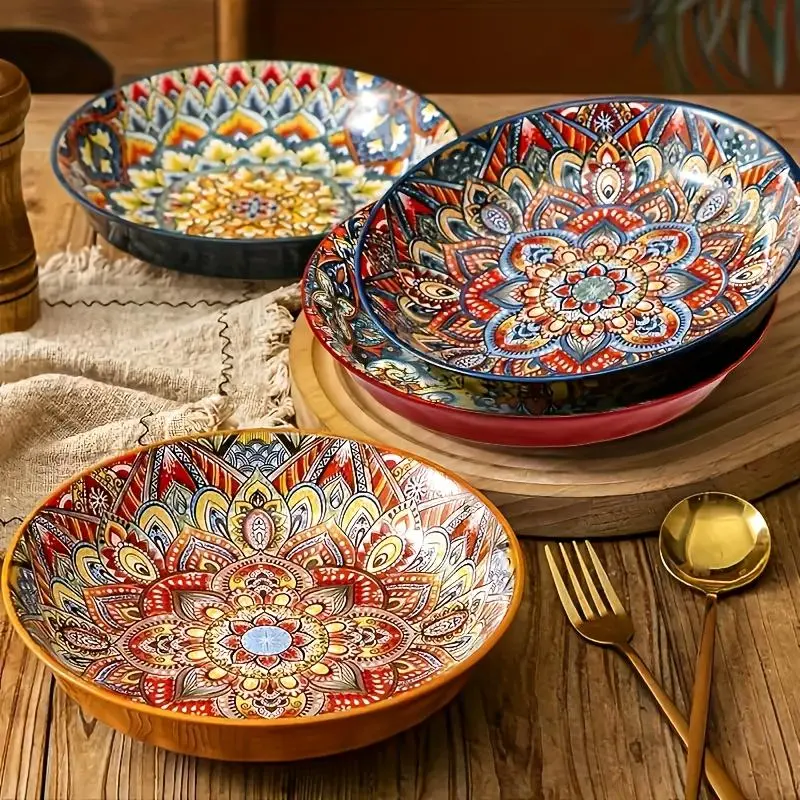4 Piece Set Bohemian Style 8 Inch Ceramic Serving Plates, Floral Design Dinner Set, Microwave Safe Modern Ceramic Dinnerware for Home Kitchen Restaurant and Hotel Tableware