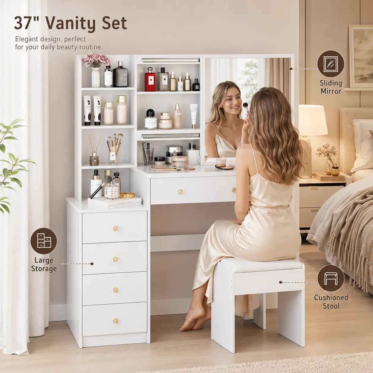 Black 37" Makeup Vanity Desk with Sliding Mirror, Cushioned Stool, 5 Drawers, Open Shelves & Ample Storage for Bedroom