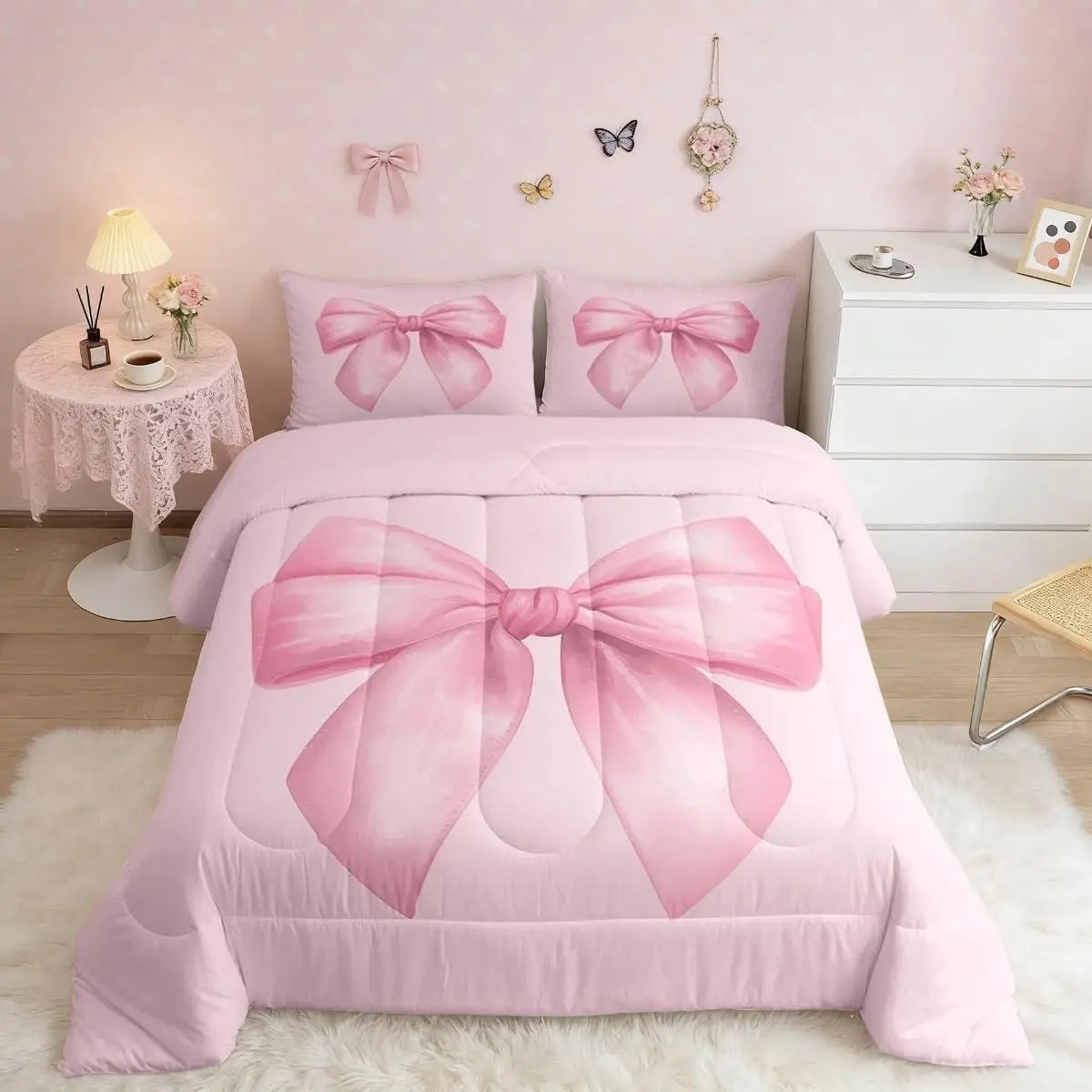 Pink Bow Comforter Set All Season Cute Bowknot Bedding Set Pricess Style Microfiber Bedclothes Kawaii Bedroom Decor Duvet Quilt Breathable Soft Lightweight